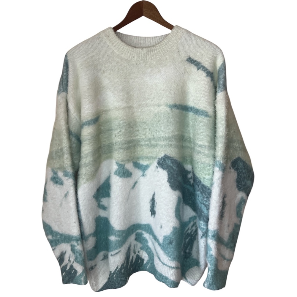 YWFG Green Mountain Nature Winter Wilderness AOP Soft Fuzzy Sweater Unisex M
